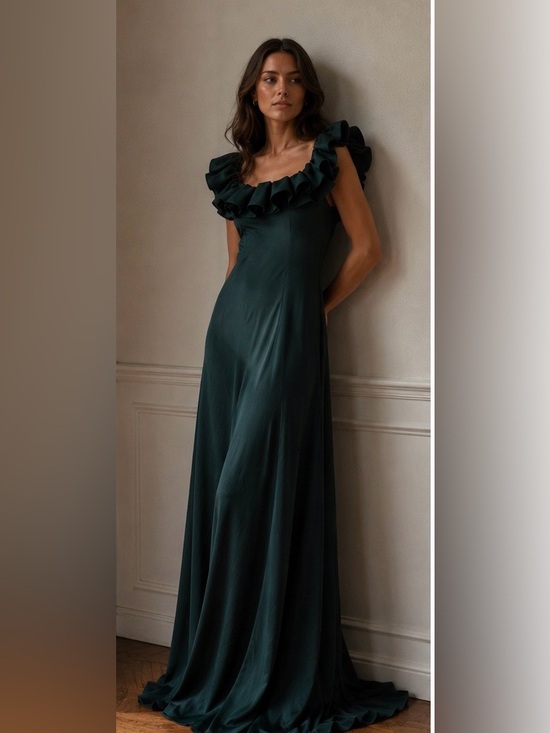 Ever Pretty Dresses & Skirts - Elegant Ruffle-Trim Maxi Dress in Dark Green